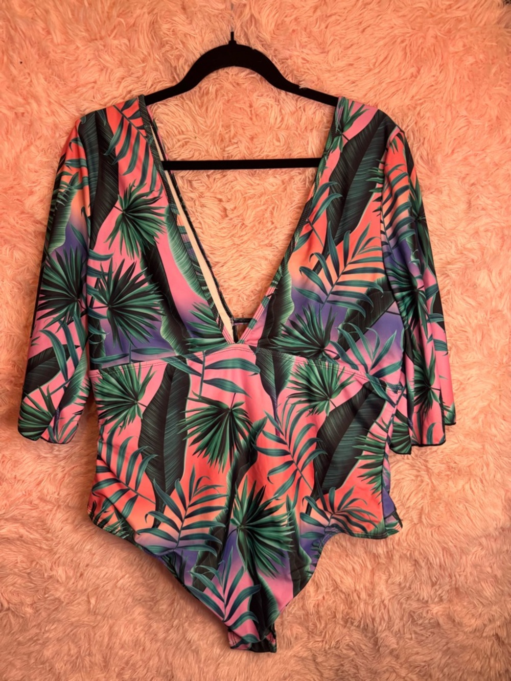 SHEIN Pink & Green Tropical Palm One-Piece Swimsuit NWOT - Picture 3 of 5